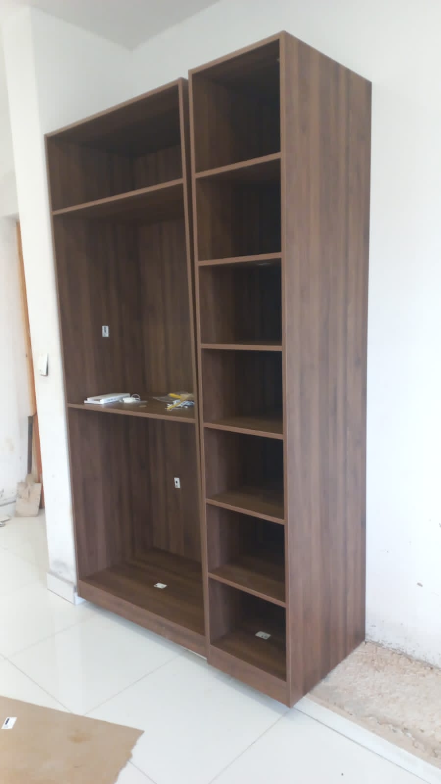 Narrow walnut-tone wardrobe carcass with open side shelves