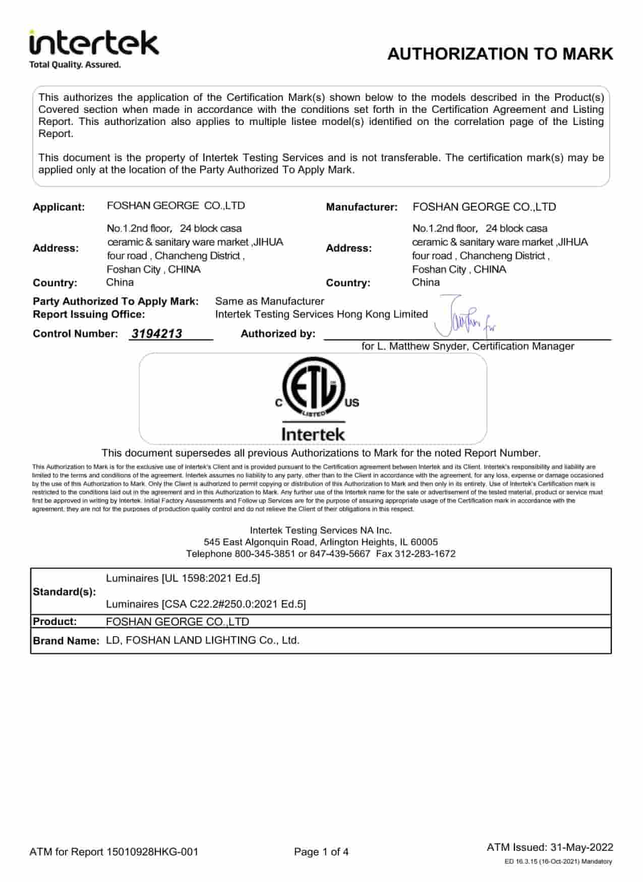 George Group certification document