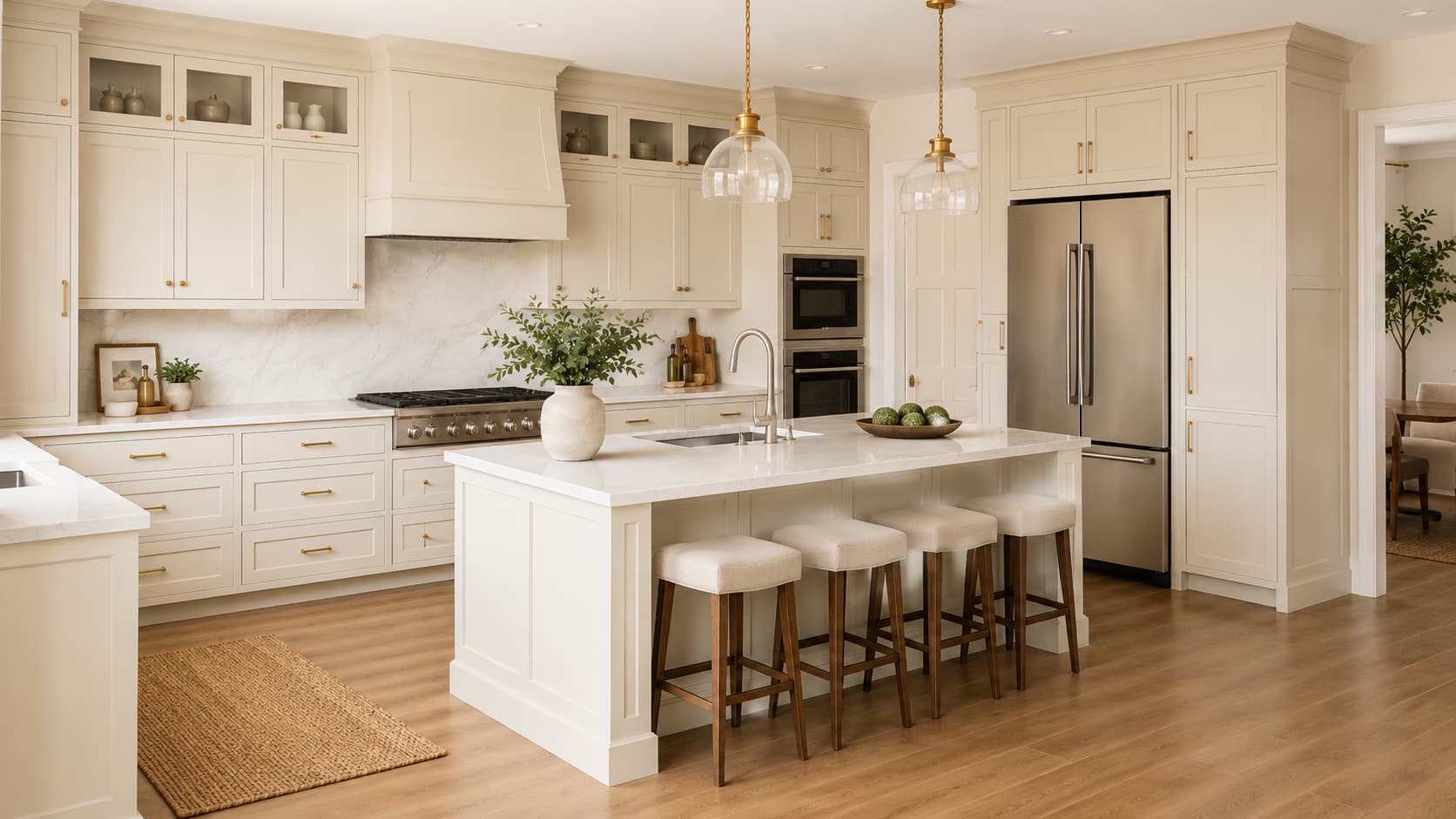 Cream Kitchen Cabinets — Island and Tall Cabinet Layout