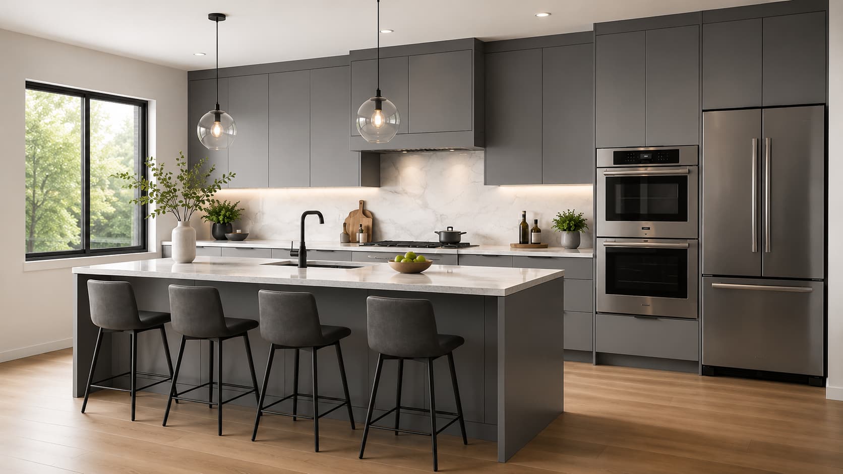 Grey Kitchen Cabinets — Handleless Cabinet Layout