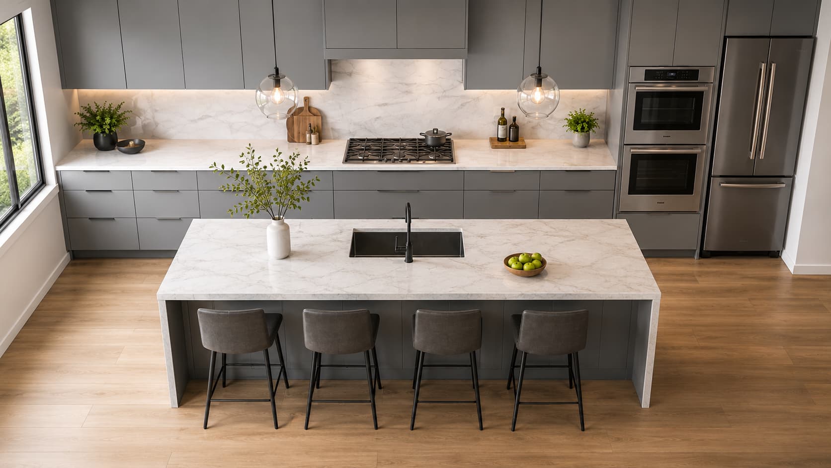Grey Kitchen Cabinets — Island and Appliance Wall