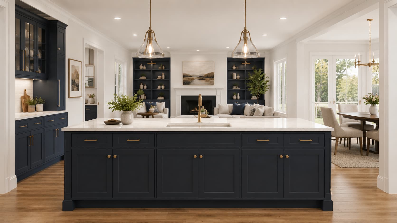 Navy Blue Kitchen Cabinets — Island and Display Cabinet Layout