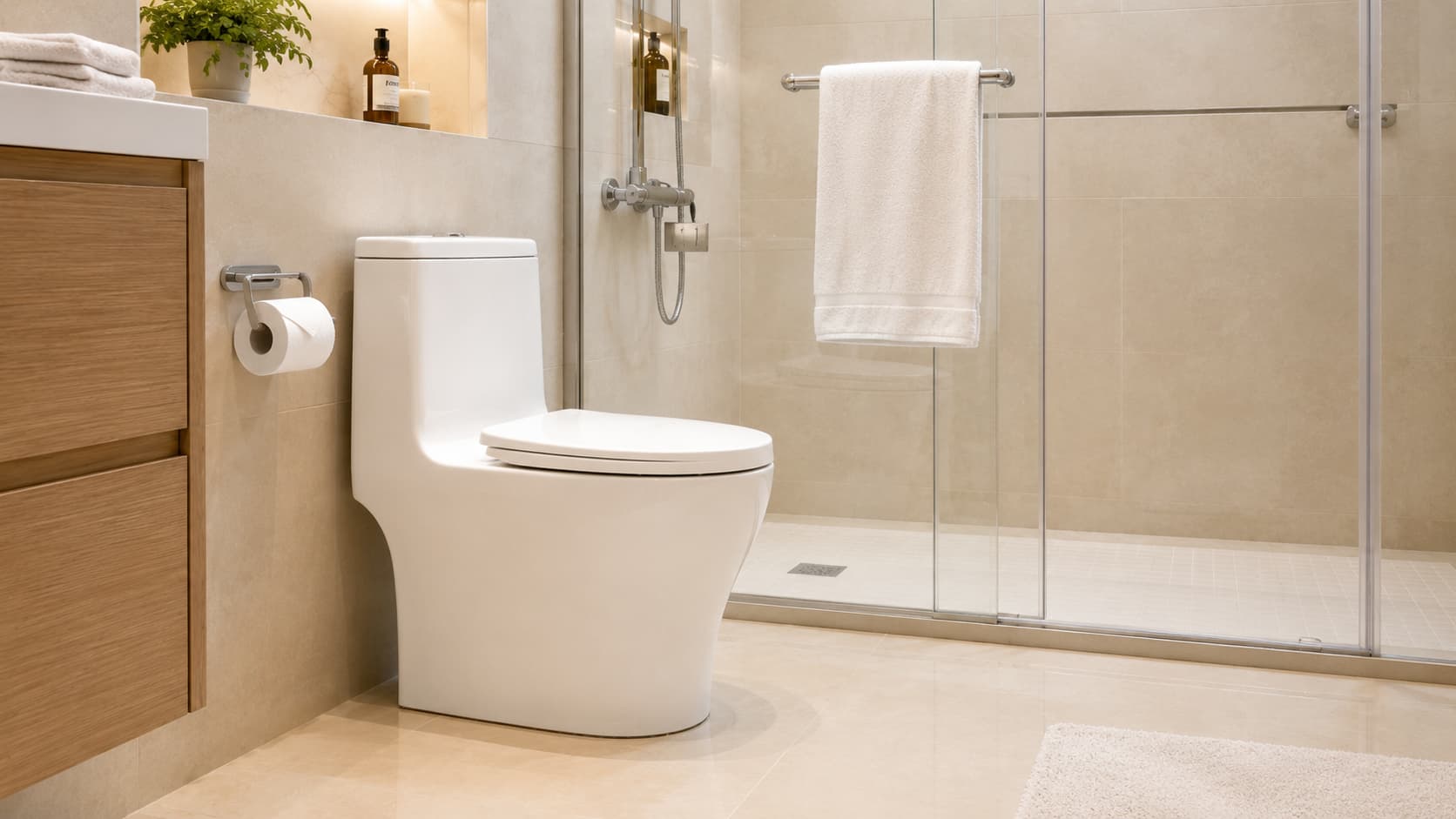 One-piece Toilet — Seat and Flush Detail