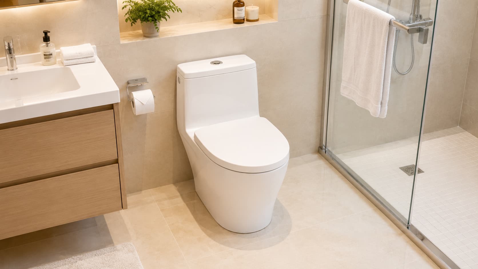 One-piece Toilet — Compact Bathroom Installation