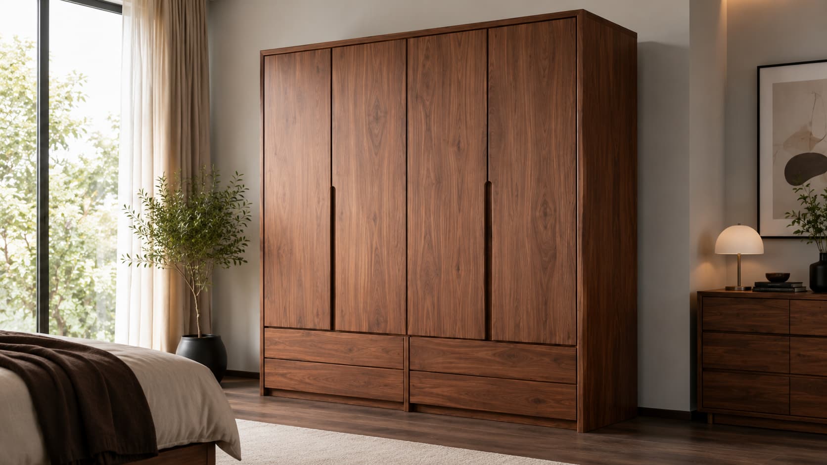 Solid Wood Wardrobe — Angled Bedroom View