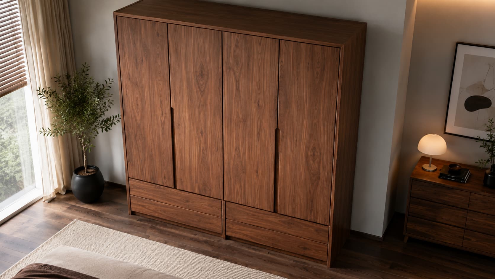 Solid Wood Wardrobe — Wood Grain and Drawer Detail