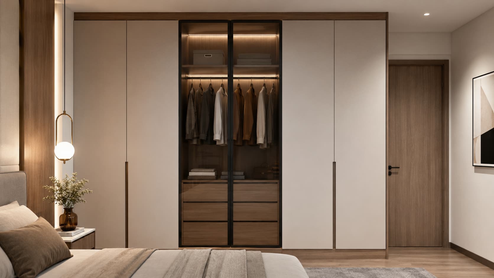 Apartment Bedroom Wardrobe — Sliding doors save floor space, while mirror panels and mixed shelves keep small bedrooms bright and organized.