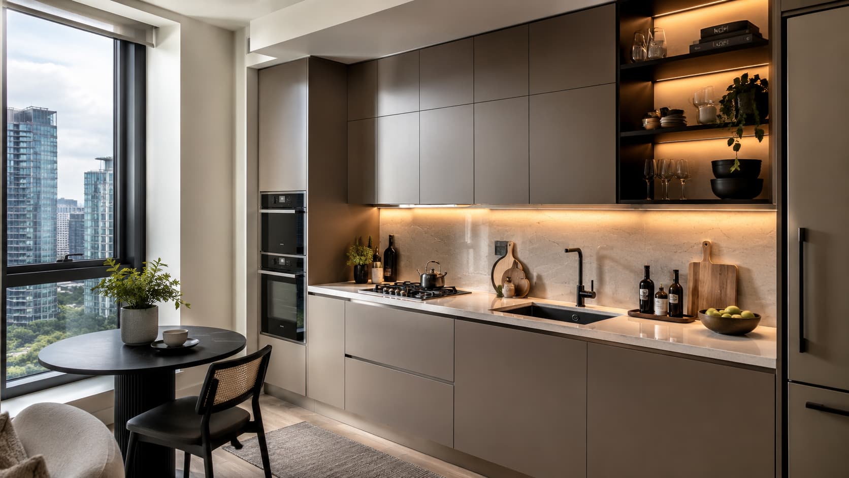 Apartment Kitchen — Compact layouts with durable finishes, practical storage, soft-close hardware, and easy-care countertops for multi-unit projects.