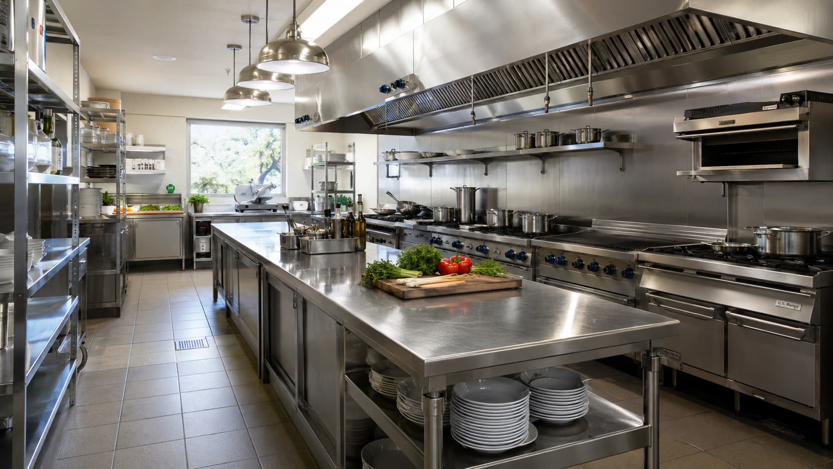 Commercial Kitchen — Stainless steel, HPL, or moisture-resistant cabinets with heavy-duty hardware and easy-clean surfaces for frequent use.