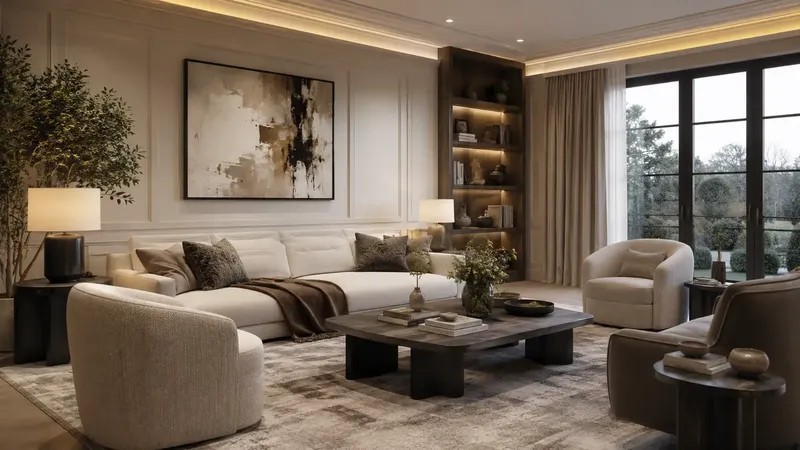 Living Room & Lounge — Modular sofas, lounge chairs, coffee tables, side tables, bookcases, and TV units with fabric, leather, or mixed-material options.