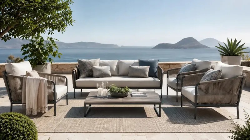 Outdoor & Terrace — Outdoor tables, chairs, loungers, and cushions with suitable frames, fabrics, and finishes for semi-outdoor or exposed areas.