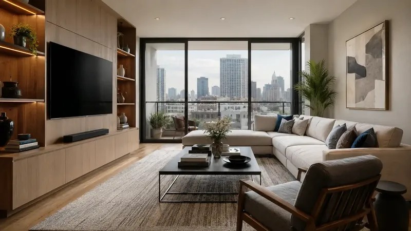Residential Apartments — Beds, bedside tables, writing desks, accent chairs, TV units, and storage pieces with finishes coordinated across rooms.