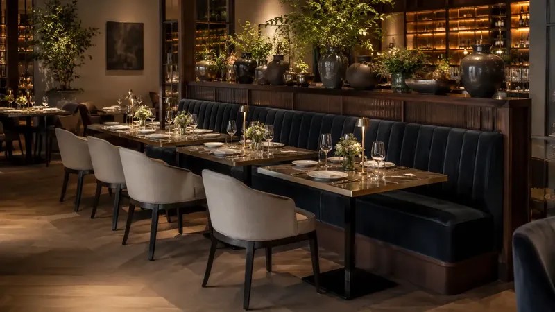 Restaurant & Dining — Dining tables, chairs, bar stools, booth seating, and service furniture planned for daily commercial use and visual consistency.