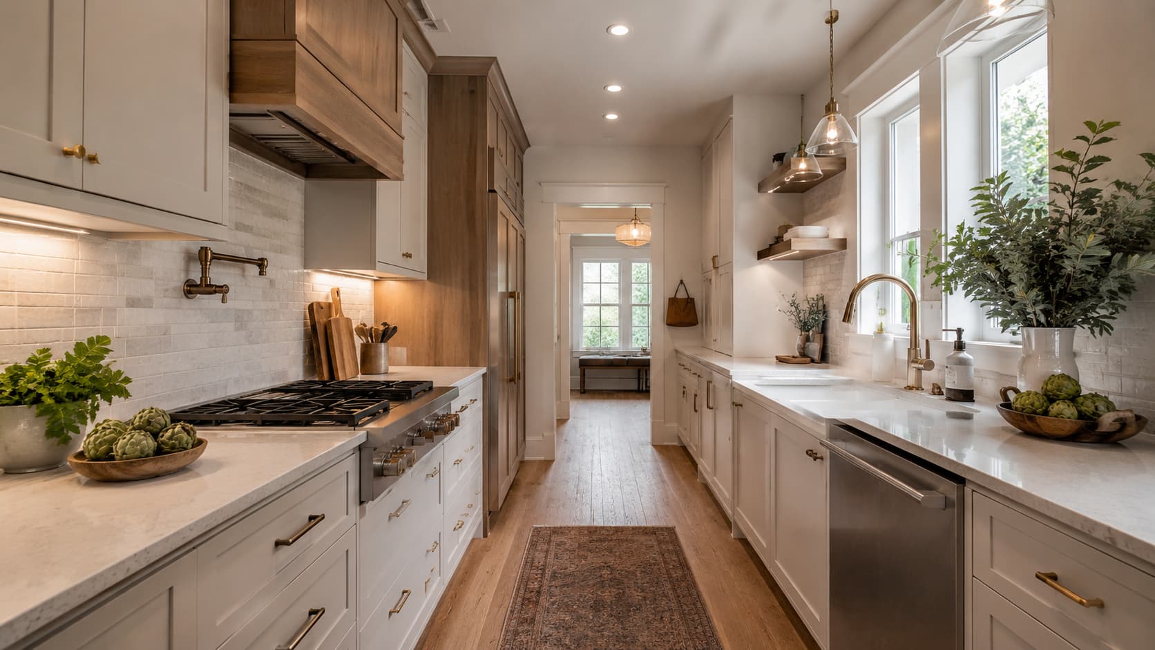 Galley Kitchen — Two-wall cabinet runs, tall storage, narrow counters, and efficient workflow for slim kitchens and compact homes.