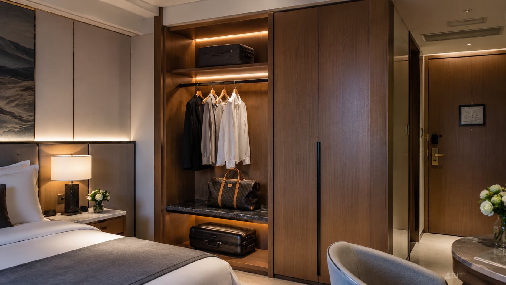 Hotel Guest Room Wardrobe — Consistent sliding or hinged wardrobes with soft-close hardware, hanging space, drawers, and luggage shelves.