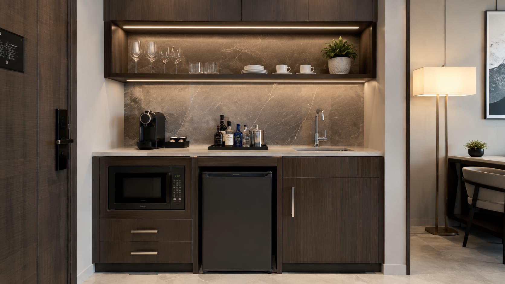 Hotel Kitchenette — Compact kitchenette layouts with built-in appliances, easy-clean finishes, durable hardware, and simple maintenance for hotel rooms.