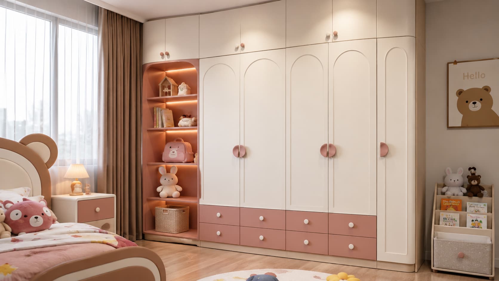Kids Room Wardrobe — Durable laminate finishes, soft-close hardware, lower hanging rails, and adjustable shelves for growing children.