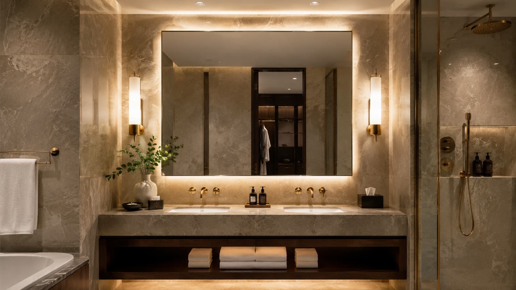 Hotel Lobbies & Suites — Crystal chandeliers, statement pendants, wall sconces, and floor lamps for layered hotel lighting.