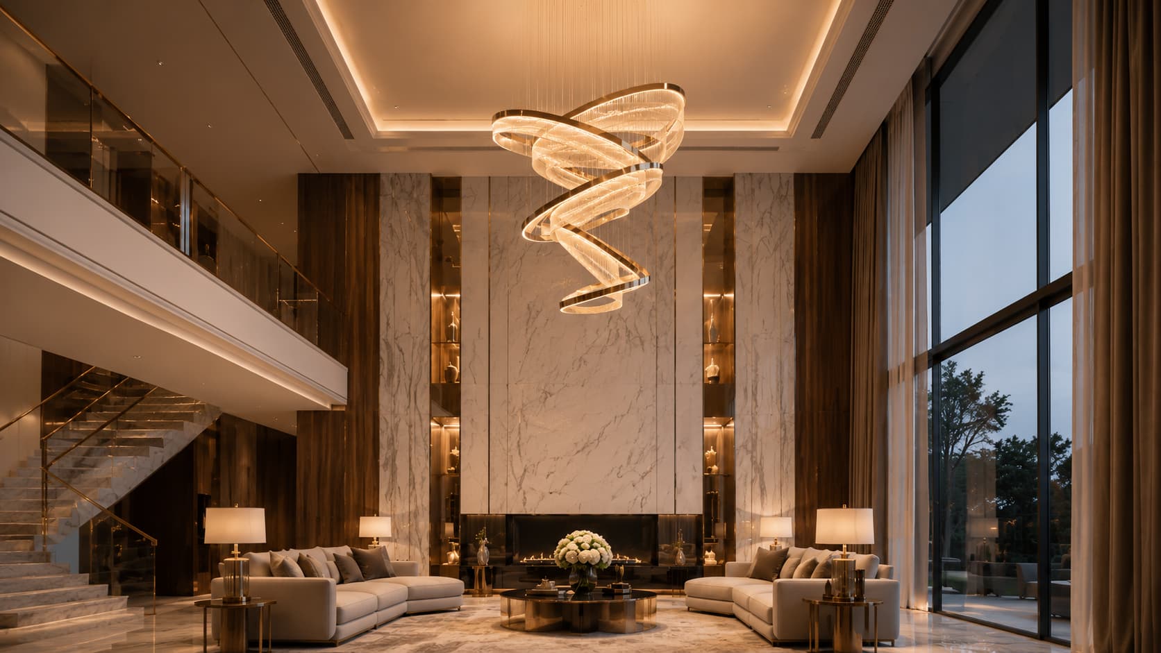 Luxury Villas — Kitchen island pendants, decorative chandeliers, and dimmable warm-white lighting for dining and living areas.