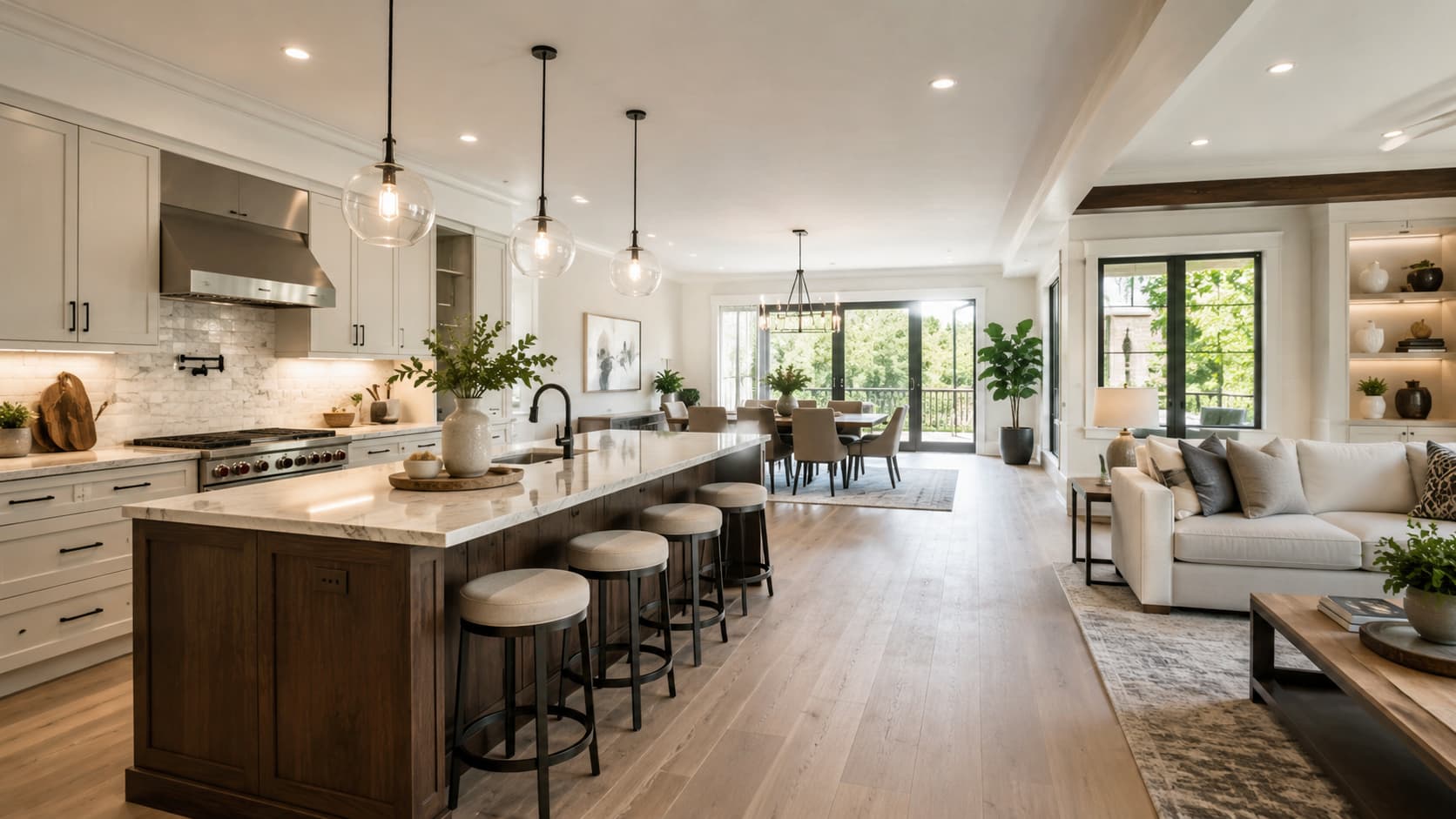 Open-Plan Kitchen — Coordinated doors, island panels, countertops, lighting, and appliance details for seamless living-dining-kitchen spaces.