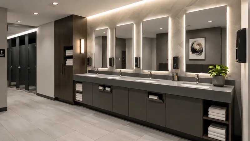 Commercial Restrooms — Wall-hung urinals, sensor faucets, and durable basins for high-traffic public and commercial spaces.