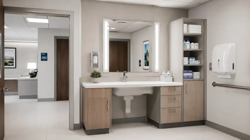 Hospital & Healthcare — Easy-clean ceramics, sensor-operated faucets, and rimless toilets selected for hygiene-focused environments.