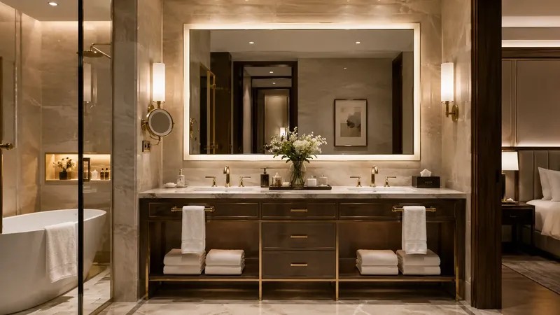 Hotel Bathrooms — Wall-hung toilets, vessel basins, and rain shower sets with matching finishes, packed with room labels for organized installation.