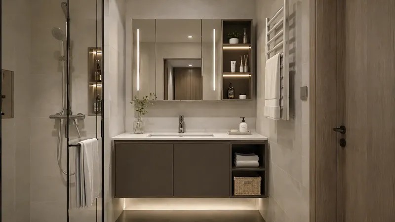Residential Apartments — One-piece toilets, vanity combinations, and mixer faucets with coordinated finishes for multi-unit residential projects.