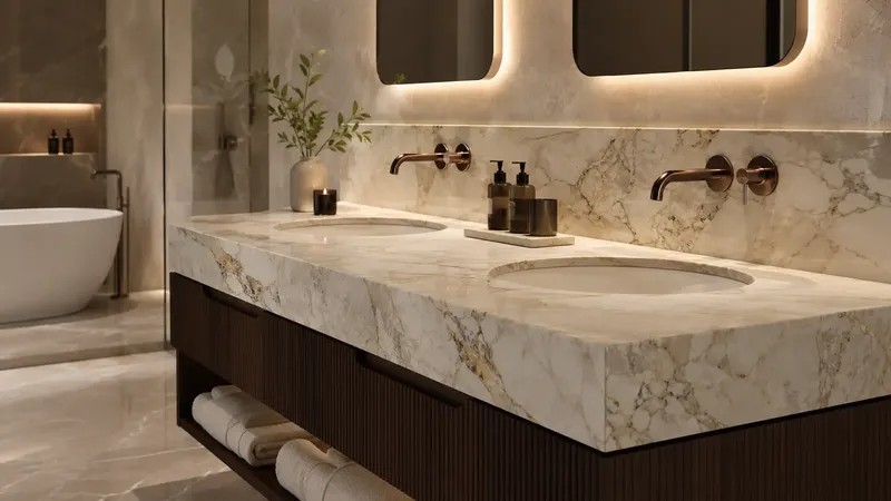 Bathroom Vanity — Quartz, marble, or granite vanity tops with basin and faucet cutouts, moisture-conscious finishing, and matching backsplash options.