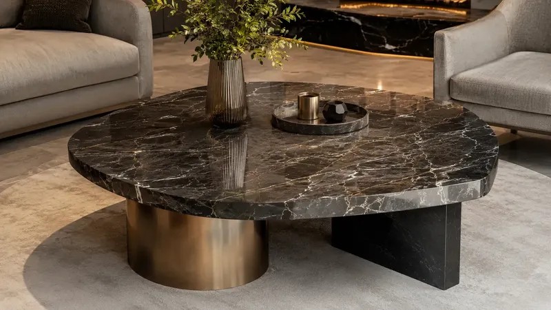 Dining & Coffee Table — Marble, travertine, granite, or quartz tops in custom shapes, with straight, rounded, beveled, or thicker visual edge details.