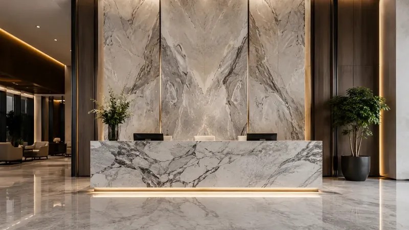 Feature Wall & Reception — Large stone panels for TV walls, reception desks, lobbies, and feature areas, with natural, random, or book-matched veining.