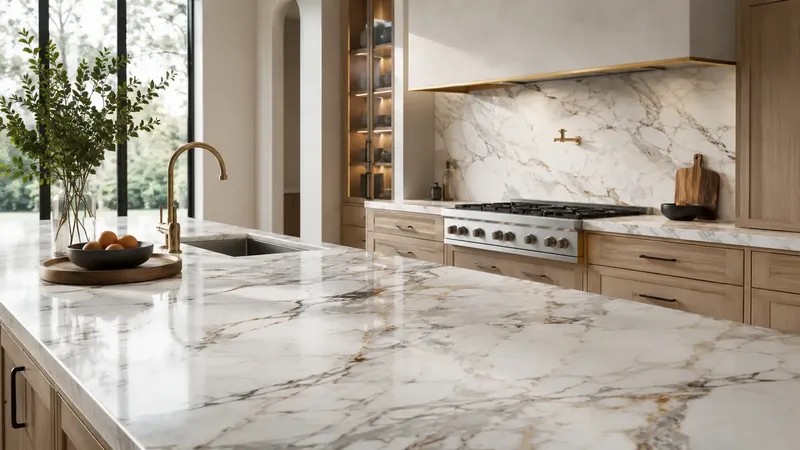 Kitchen Countertop — Quartz, granite, marble, or sintered stone selected for daily cooking use, edge profiles, sink cutouts, and backsplash matching.