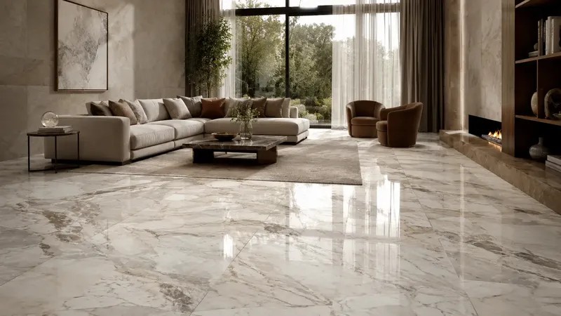 Living Room Flooring — Marble or stone floor tiles in common or custom sizes, with polished, honed, or textured finishes and coordinated thresholds.