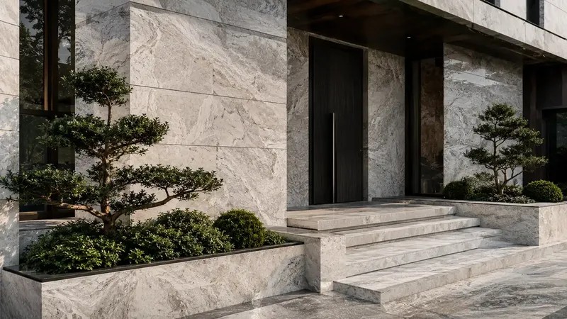 Outdoor & Facade — Granite, slate, sintered stone, or other outdoor-suitable surfaces with textured finishes for facade, terrace, path, or exterior use.