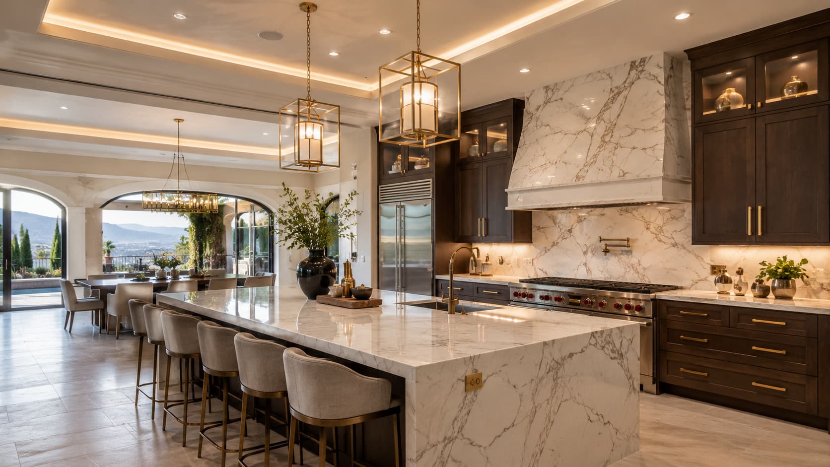 Villa & Luxury Kitchen — Large islands, ceiling-height cabinets, wood veneer or lacquer doors, quartz tops, and premium hardware for villa kitchens.