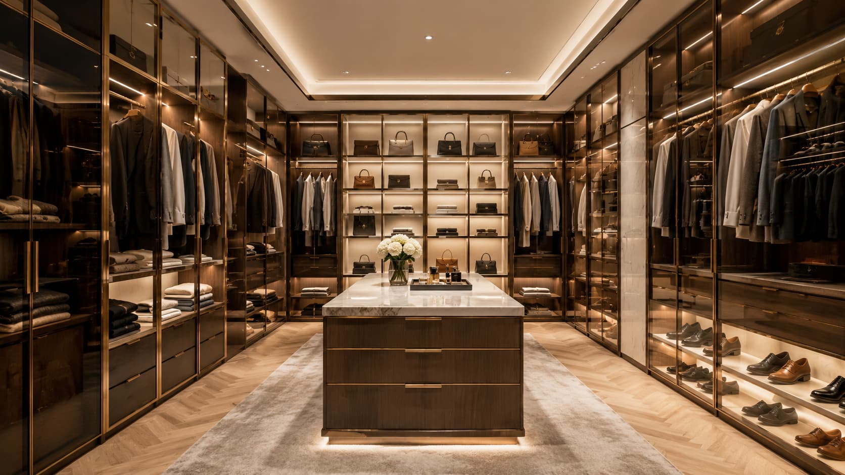 Villa Walk-In Wardrobe — Walk-in systems with island units, LED lighting, glass displays, drawers, and premium veneer or lacquer finishes.