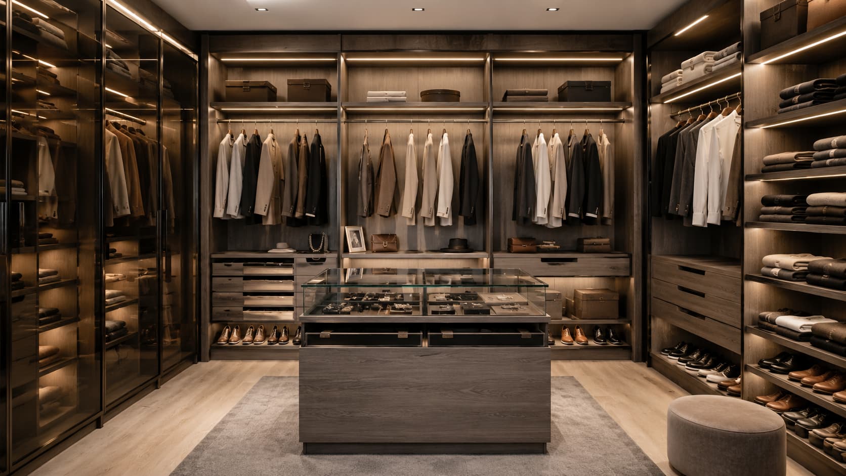 Walk-In Closet System — Floor-to-ceiling storage with open shelves, glass-front doors, shoe displays, tie racks, and integrated lighting.