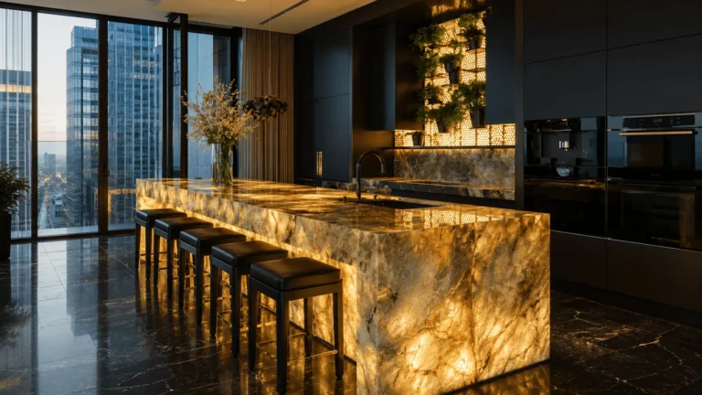 Contemporary dark kitchen cabinets with an illuminated stone island