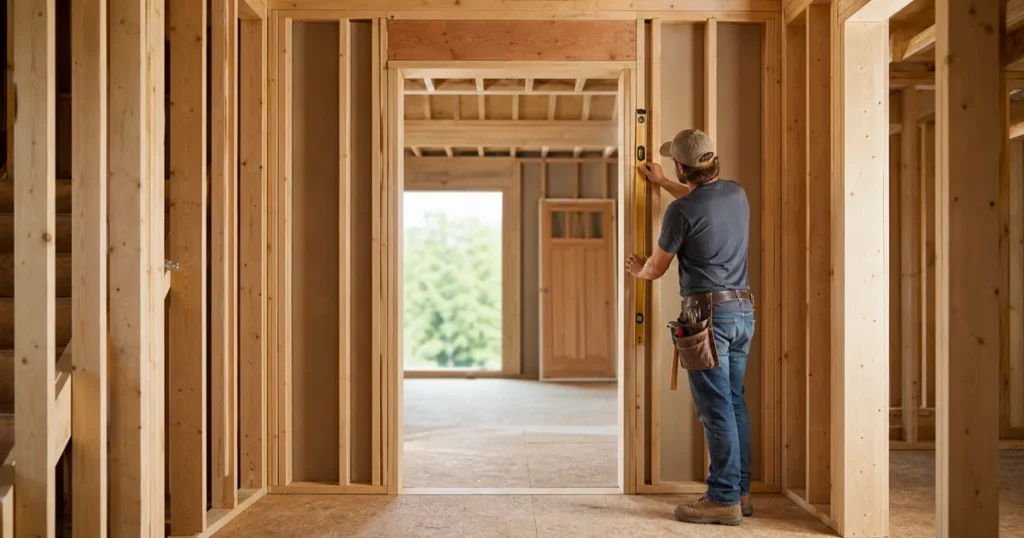 Carpenter checking a framed rough opening for a 36-inch door