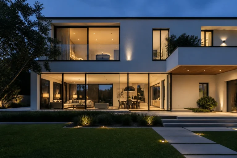 Modern villa facade at dusk with floor-to-ceiling black-framed aluminum windows glowing with warm interior light