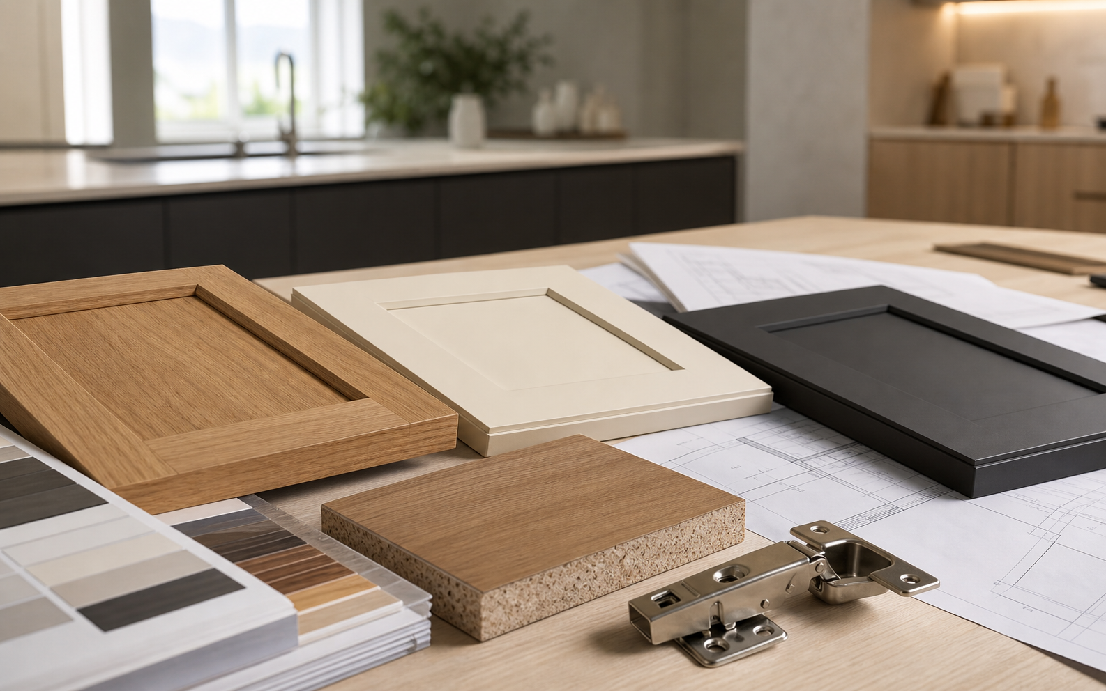Illustrative concept image of cabinet finish samples, board edge, and hinge