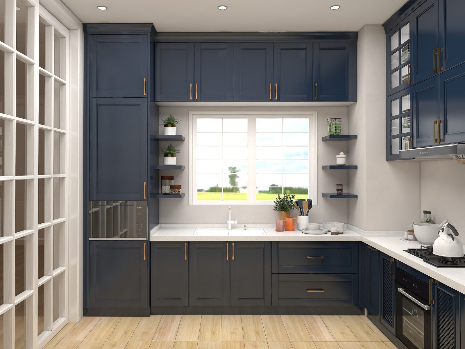 Navy blue shaker kitchen display with glass-front cabinets and brass handles in the George Group showroom