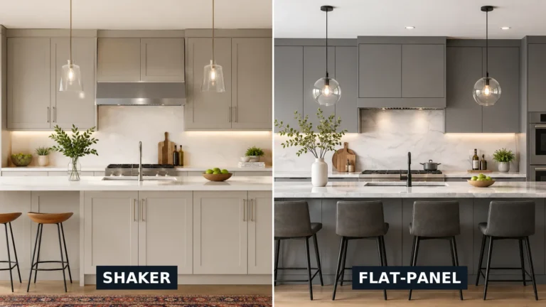 Side-by-side comparison of warm grey shaker kitchen cabinets and matte grey flat-panel kitchen cabinets in two project kitchens