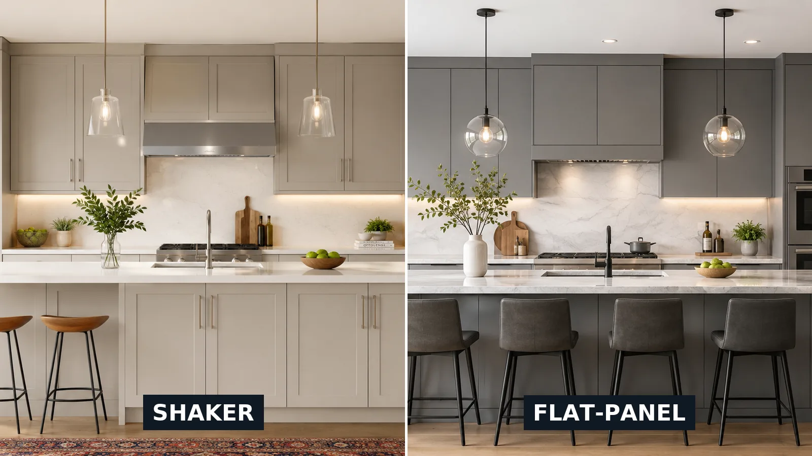 Side-by-side comparison of warm grey shaker kitchen cabinets and matte grey flat-panel kitchen cabinets in two project kitchens