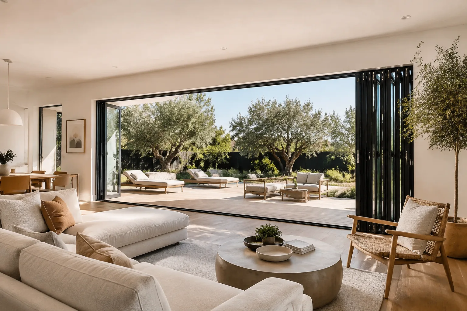 Aluminum bifold doors folded open along a living room wall, connecting the interior to a sunny patio with garden furniture