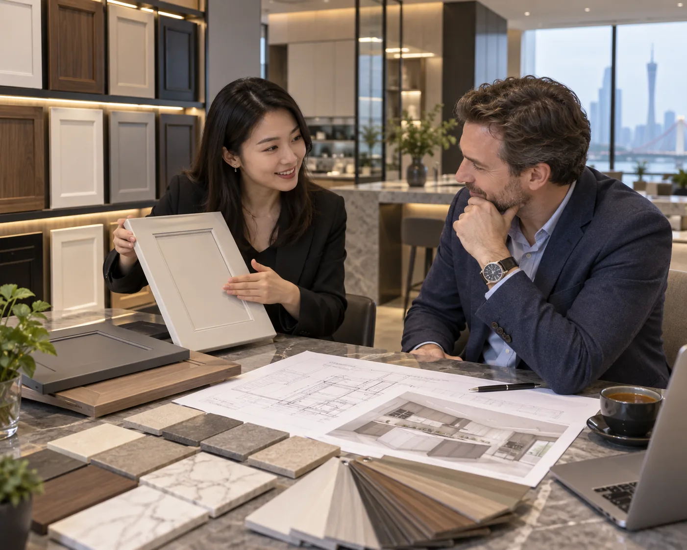 A Chinese sales representative showing kitchen cabinet door samples and material swatches to an overseas buyer over drawings in a showroom office.