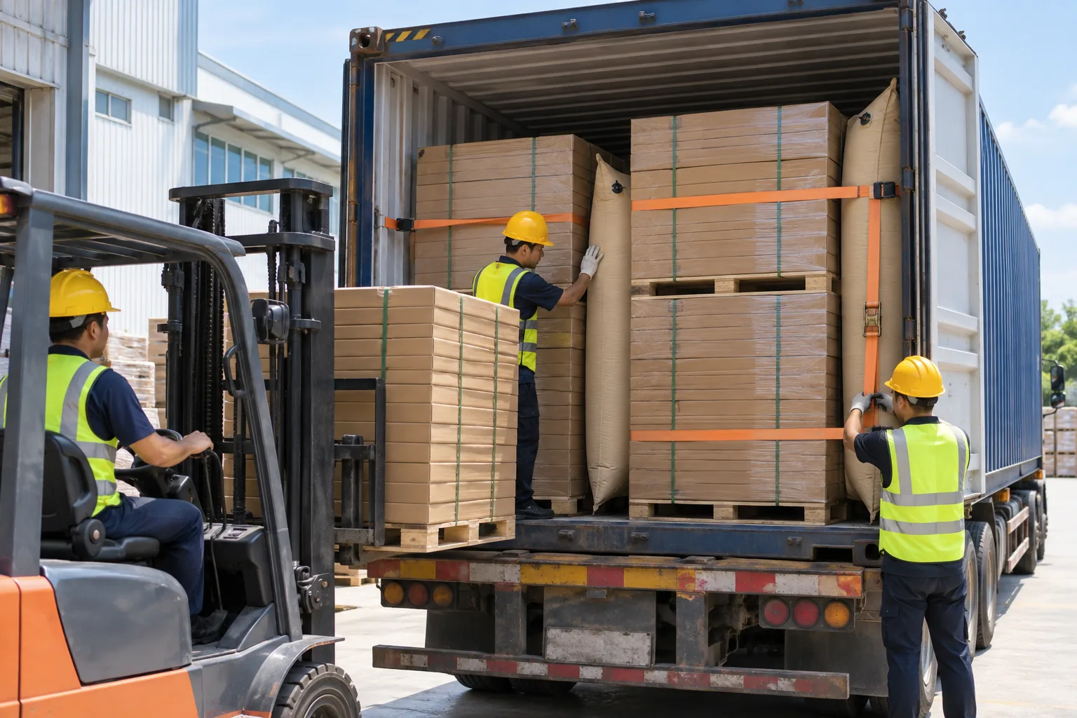 Workers loading flat-pack cartons into a 40ft shipping container, braced with dunnage airbags and straps.