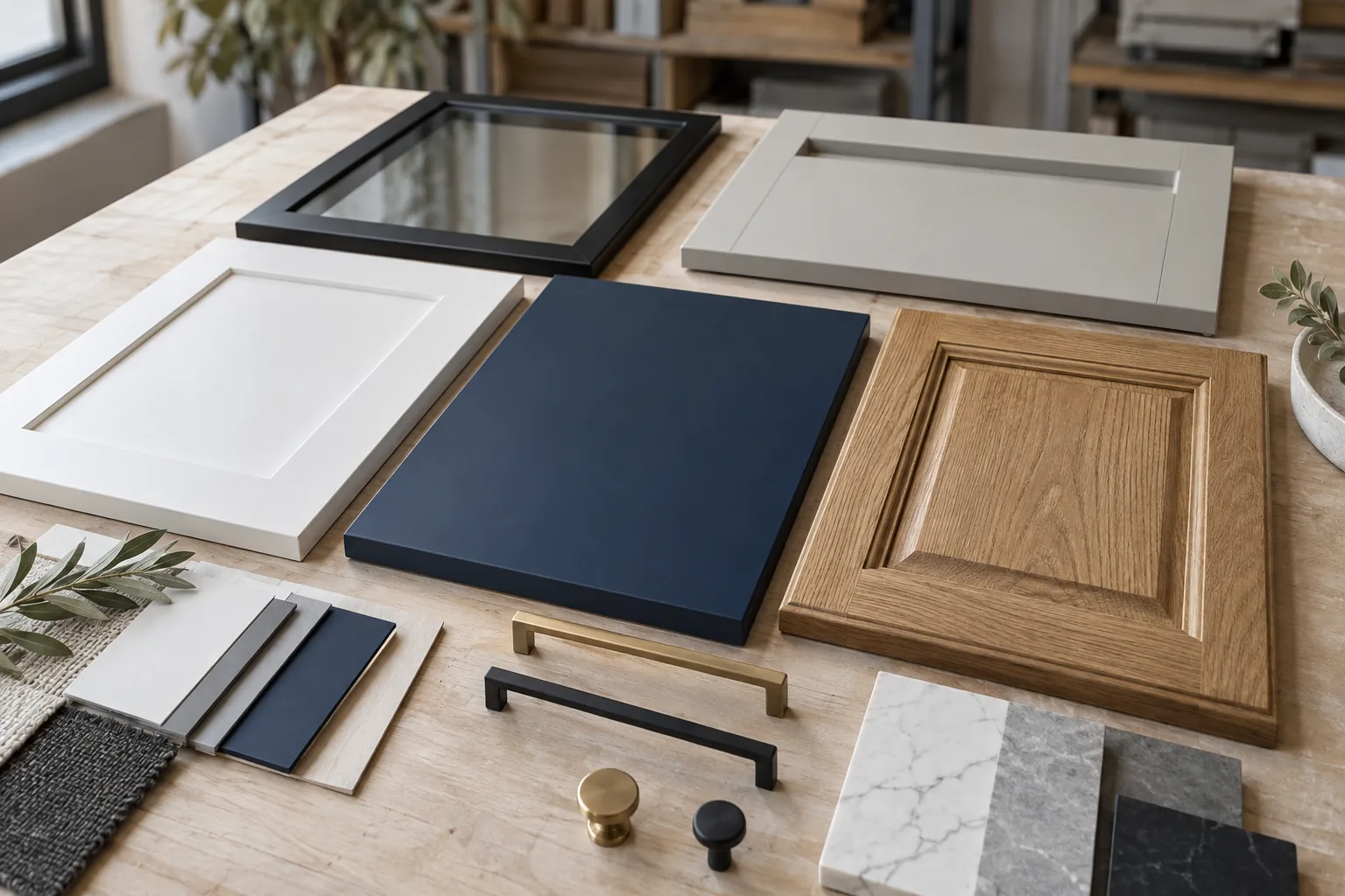 AI-generated cabinet door sample concept showing shaker, flat-panel, raised-panel, glass-front, and handleless styles.