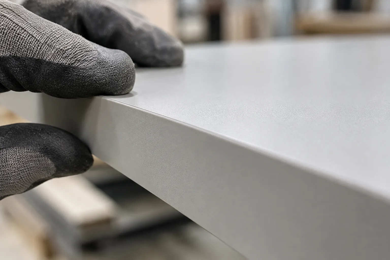 Inspection of edge-banding quality on a finished light-grey cabinet panel.