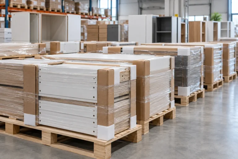 Flat-pack kitchen cabinet panels in export cartons with corner protectors and stretch wrap, stacked on pallets in a warehouse.